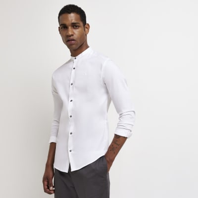 White muscle fit long sleeve grandad shirt | River Island