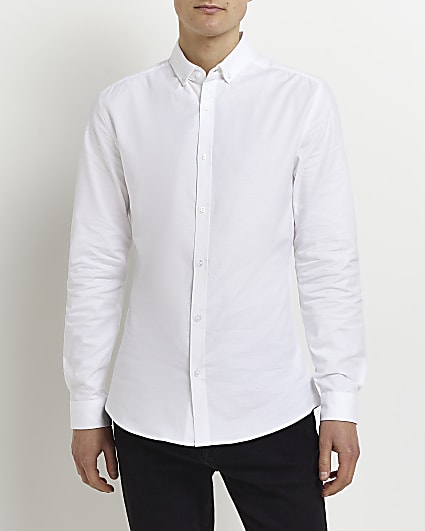 White Muscle fit long sleeve Oxford Shirt