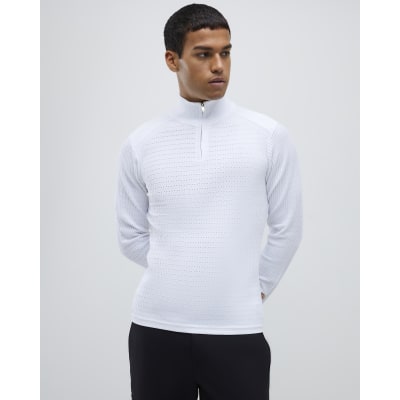 White Muscle Fit Quarter Zip Funnel Jumper