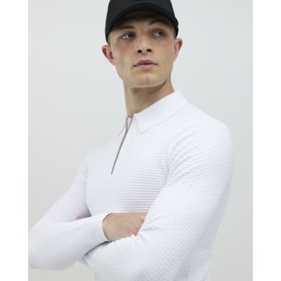 White Muscle Fit Quarter Zip Polo Shirt