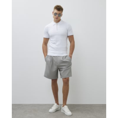 White Muscle Fit Quarter Zip Polo Shirt