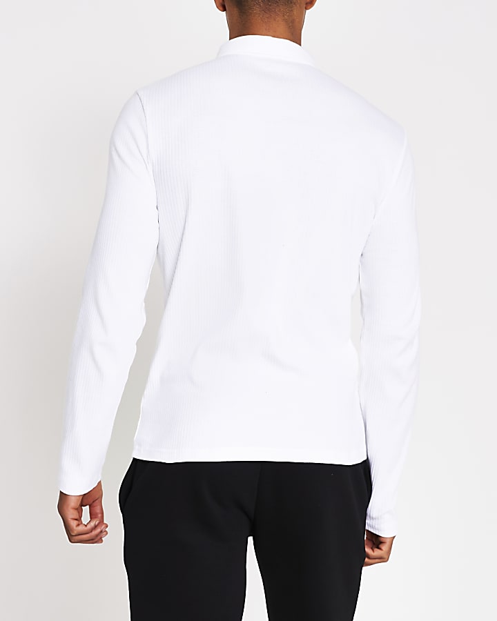 White muscle fit rib long sleeve polo shirt