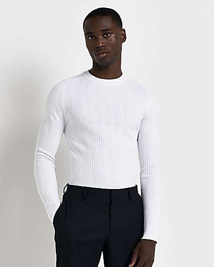 White Muscle fit ribbed crew neck jumper