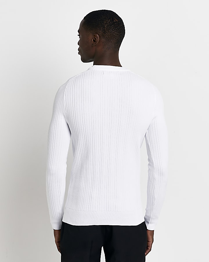 White Muscle fit ribbed crew neck Knit jumper