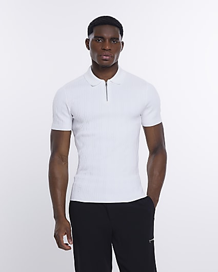White Muscle fit ribbed knit polo shirt