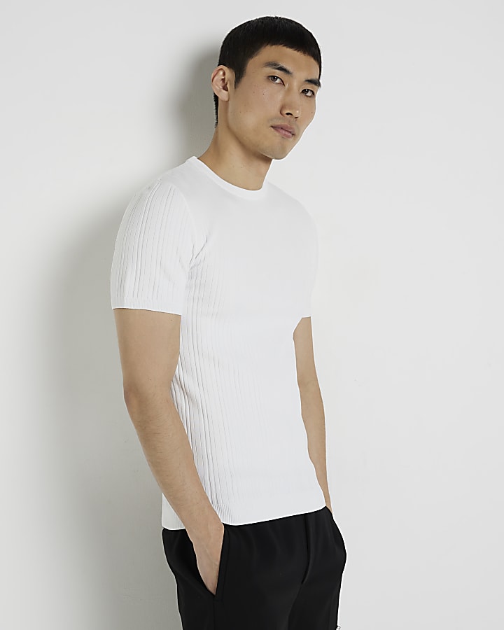White muscle fit ribbed knitted t-shirt