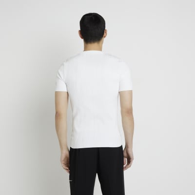 White muscle fit ribbed knitted t-shirt