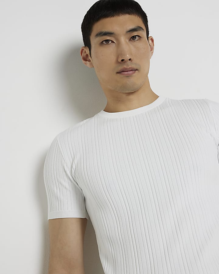 White muscle fit ribbed knitted t-shirt