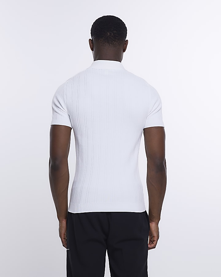White Muscle fit ribbed zip up polo shirt