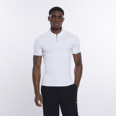 white ribbed polo shirt