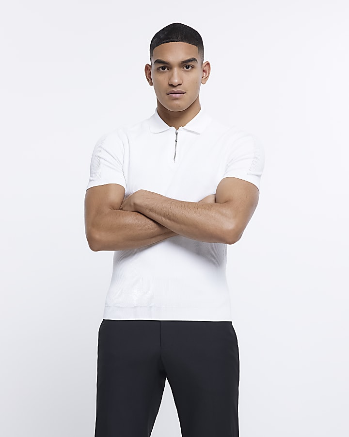 White muscle fit short sleeve polo