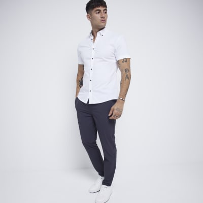 White muscle fit textured stretch smart shirt