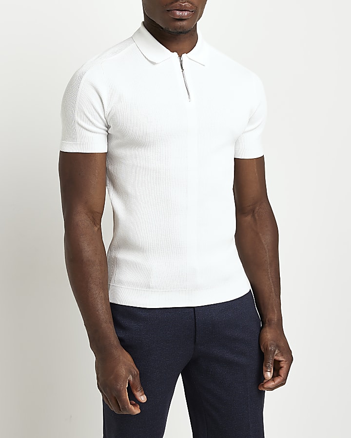 White muscle fit zip knitted polo shirt