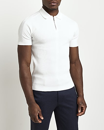 White muscle fit zip knitted polo shirt