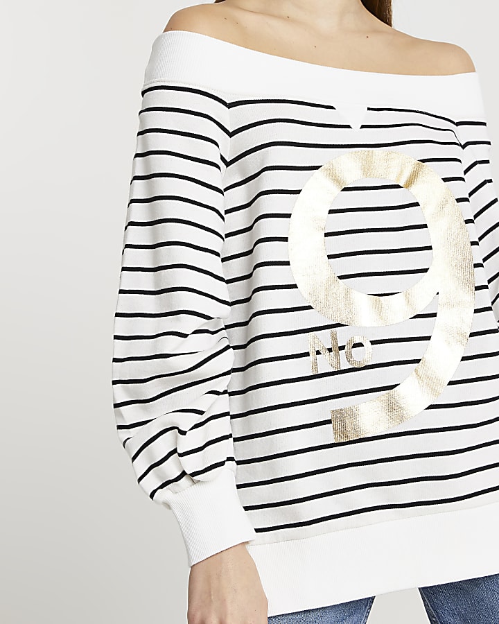 White 'No. 9' stripe bardot sweatshirt