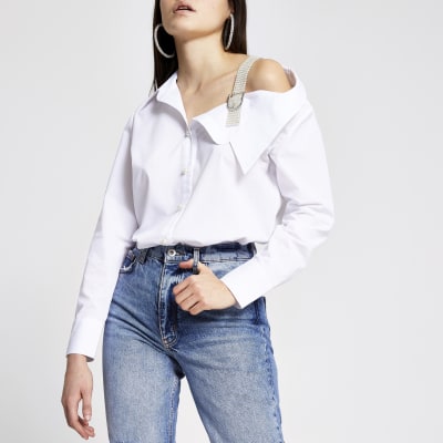 off shoulder white button up shirt