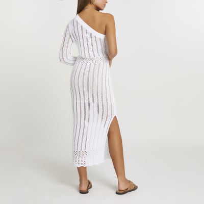 white one shoulder crochet dress