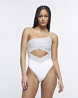 White one shoulder cut out detail swimsuit