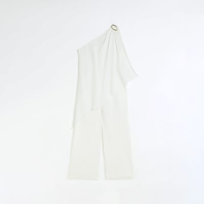 White one shoulder drape jumpsuit