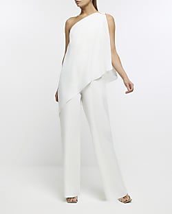 White one shoulder drape jumpsuit