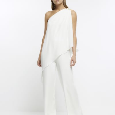 White one shoulder drape jumpsuit River Island