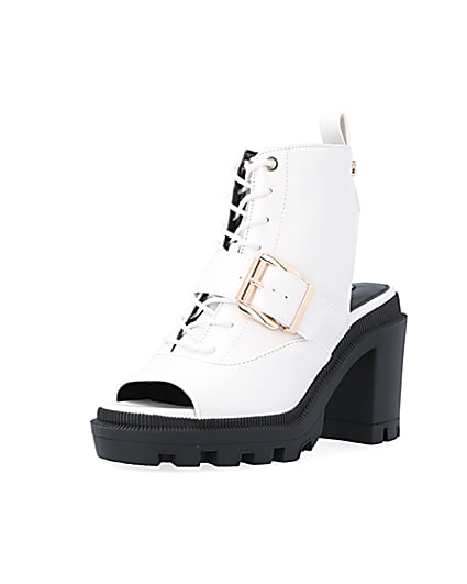 360 degree animation of product White open toe heeled ankle boots frame-0