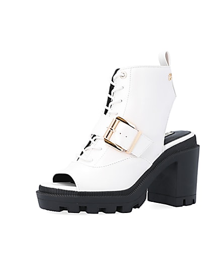 360 degree animation of product White open toe heeled ankle boots frame-1