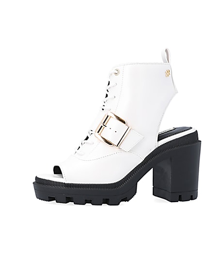 360 degree animation of product White open toe heeled ankle boots frame-2