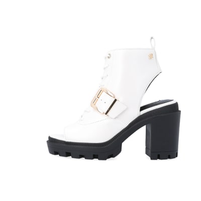360 degree animation of product White open toe heeled ankle boots frame-3