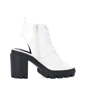 360 degree animation of product White open toe heeled ankle boots frame-14