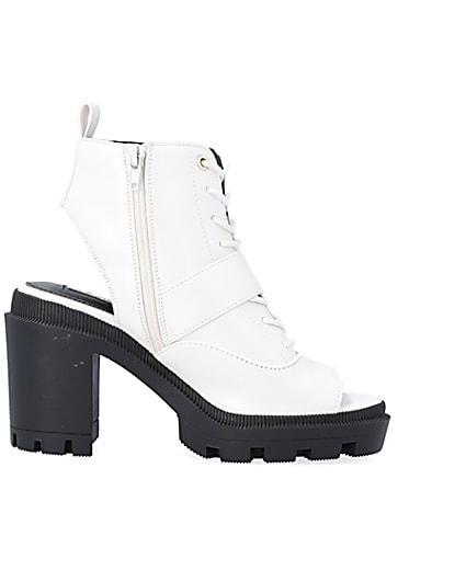 360 degree animation of product White open toe heeled ankle boots frame-15