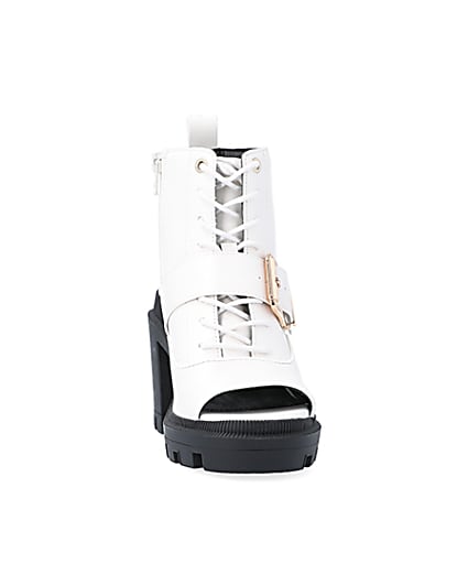 360 degree animation of product White open toe heeled ankle boots frame-20