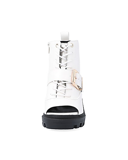 360 degree animation of product White open toe heeled ankle boots frame-21