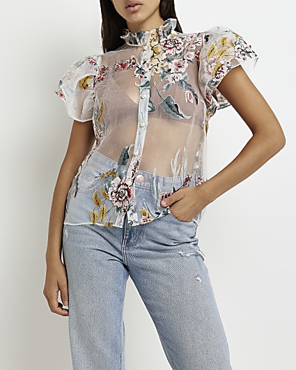White organza floral puff sleeve blouse