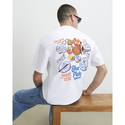 White Oversized Fit Blue Plate T-Shirt | River Island