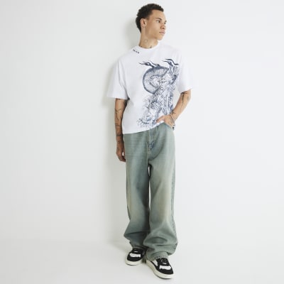 White Oversized Fit Dragon Print T-Shirt