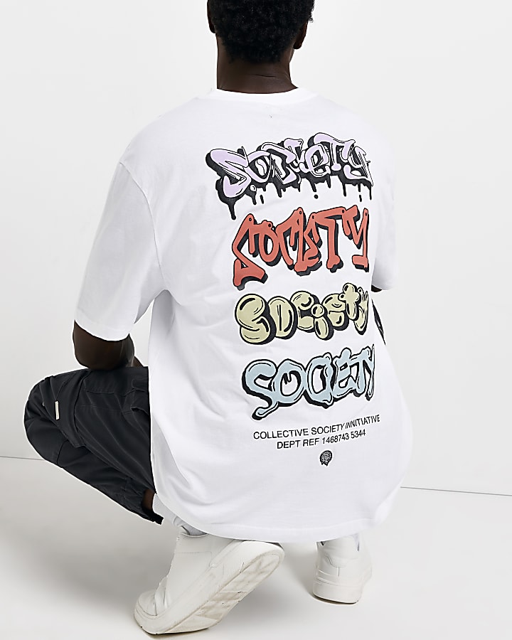 White Oversized fit graphic Society T-shirt
