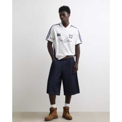 White Oversized Stripe Football Polo Shirt