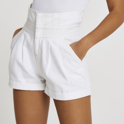 white paperbag denim shorts