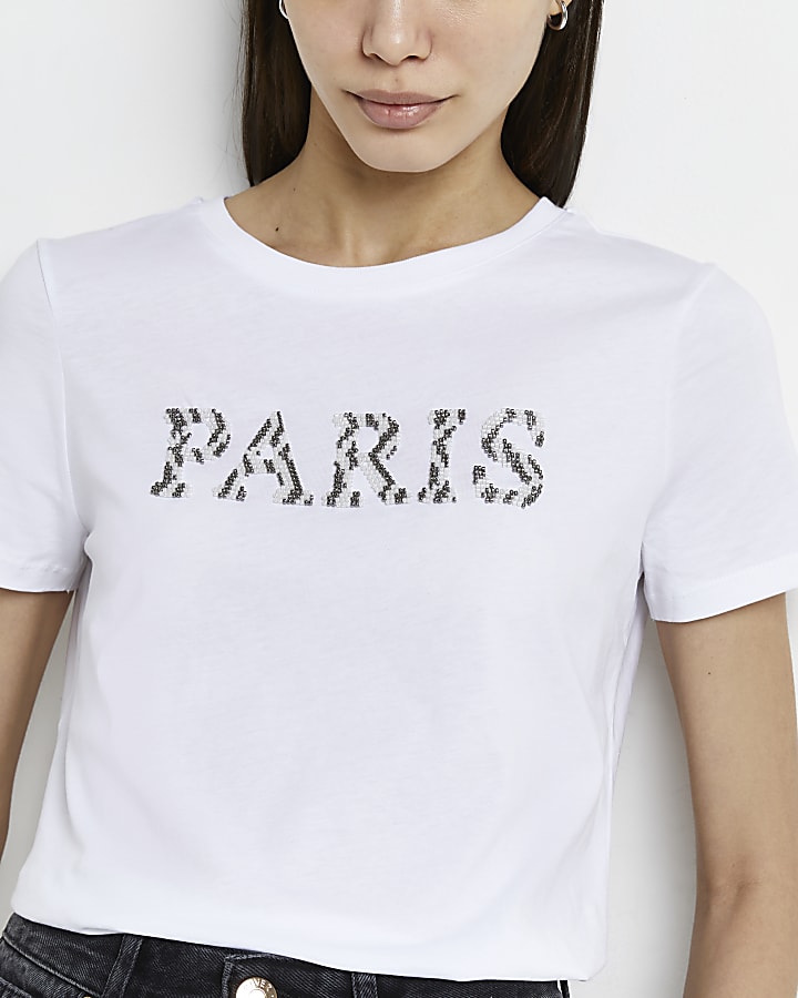 White 'Paris' beaded t-shirt
