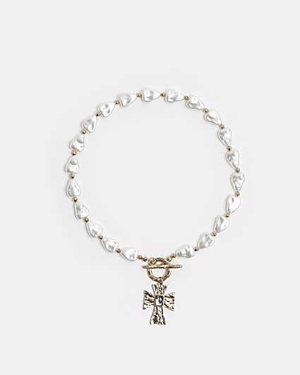 White pearl cross necklace