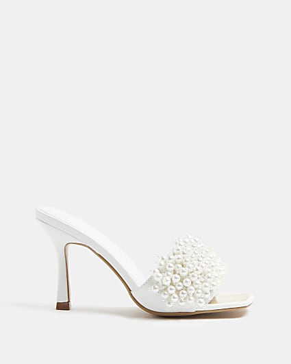 White pearl embellished heeled mules