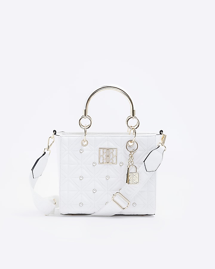 White pearl embellished tote bag