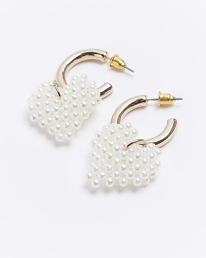 White pearl heart drop hoop earrings