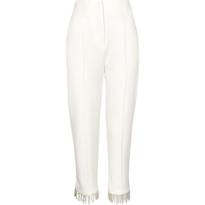 White pearl hem cigarette trousers