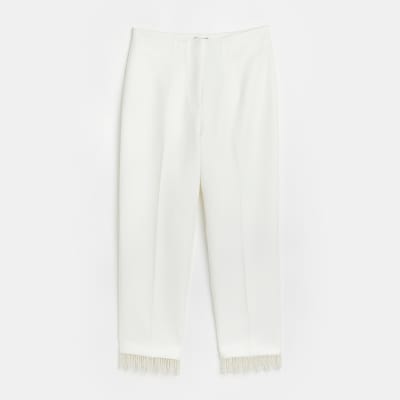 White pearl hem straight leg trousers
