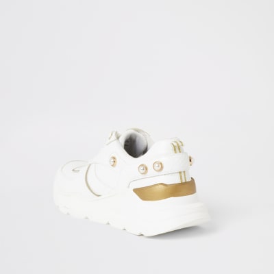 White pearl lace-up chunky trainers