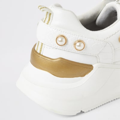 White pearl lace-up chunky trainers