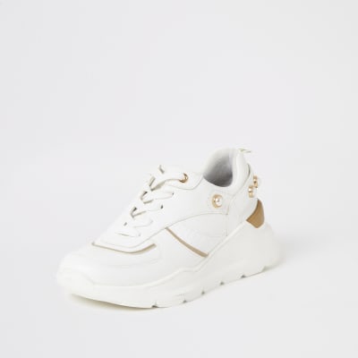 White pearl lace-up chunky trainers