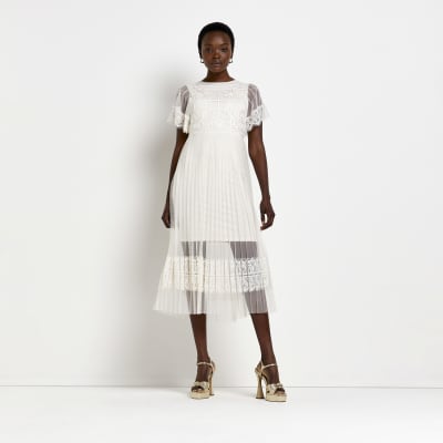 White plisse lace midi dress | River Island